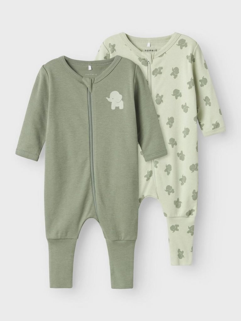 Name it Newborn Boy Organic Cotton Zipped Babygrow Elephant Green 2 Pack Set