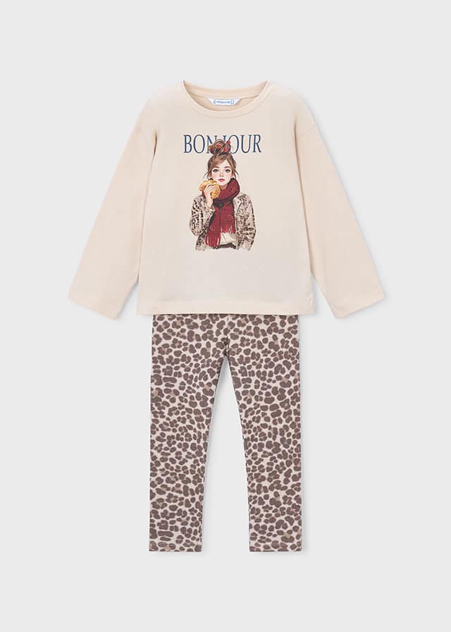Kid Girl Mayoral Cream Leopard Print Leggings Set 4734