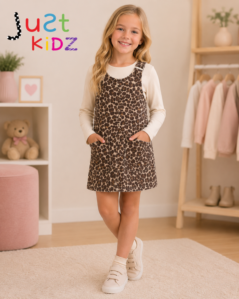 Kid Girl Mayoral Cream Leopard Print Pinafore Dress with Top 4918