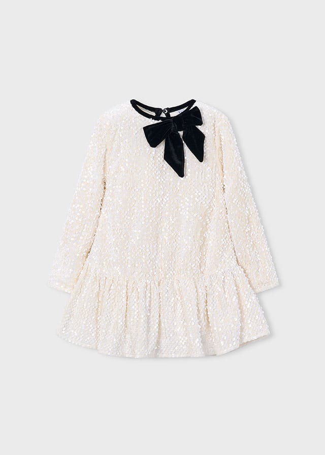 Kid Girl Mayoral Cream Sparkle Dress with Velvet Bow Detail 4931