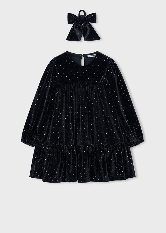 Kid Girl Mayoral Velvet Black Sparkle Dress with Hair Bow