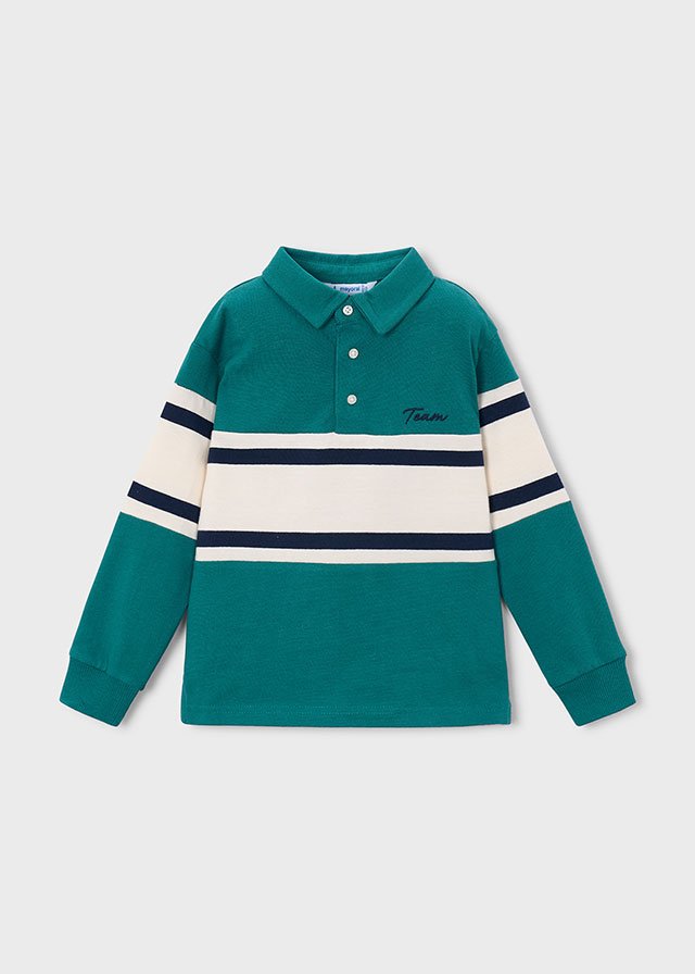 Boys Mayoral Green & Cream Striped Polo Shirt 4140 - Image 2