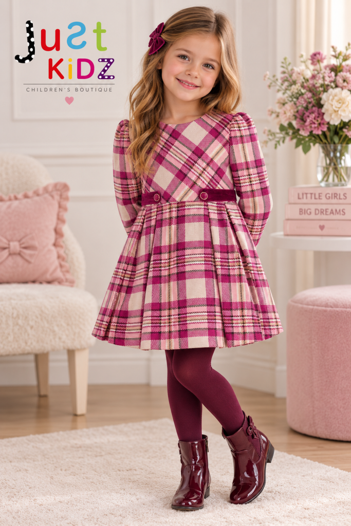 Kid Girl Mayoral Cream & Wine Tailored Plaid Dress 4923