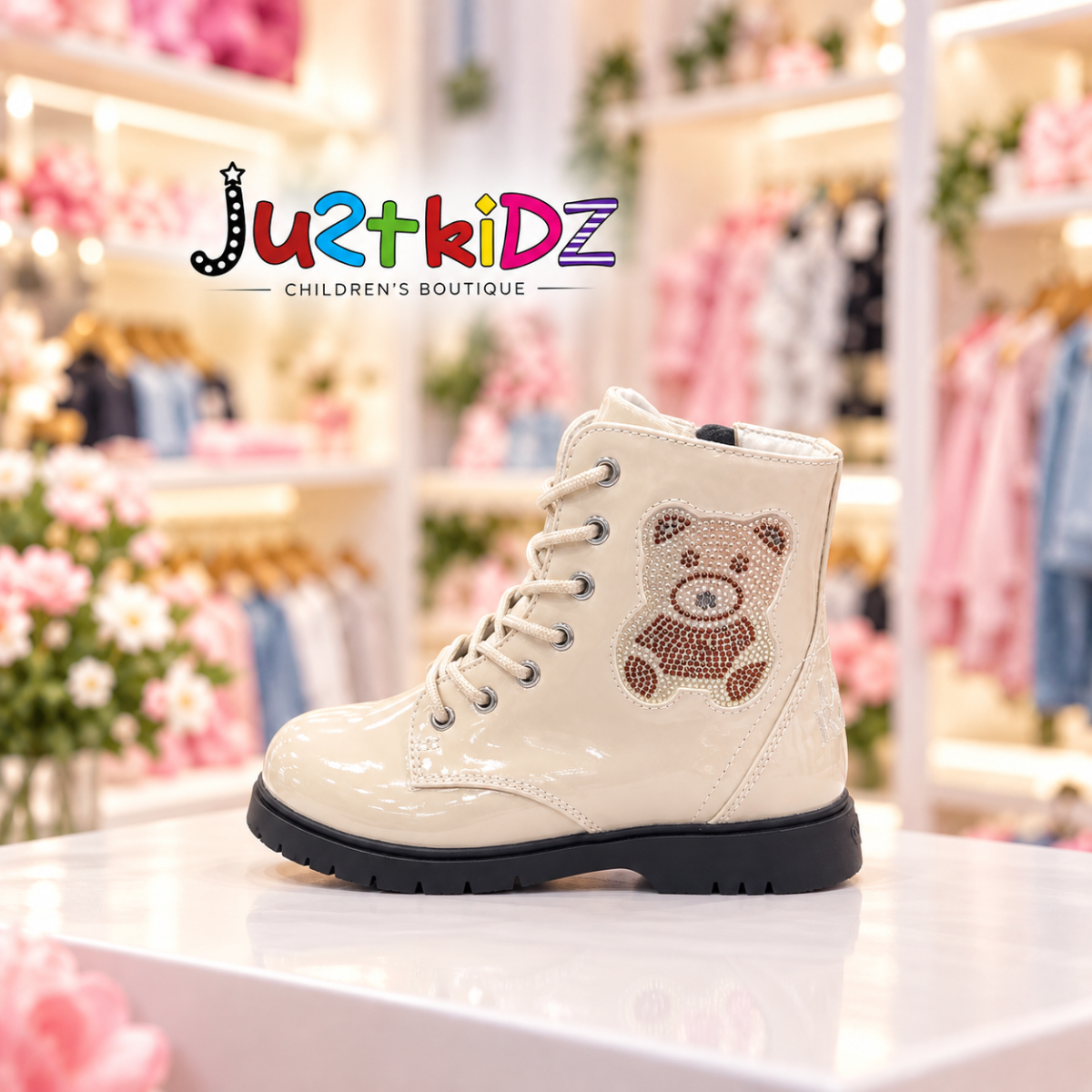 a Lelli Kelly Ivory Teddy Patent Zipped Boots